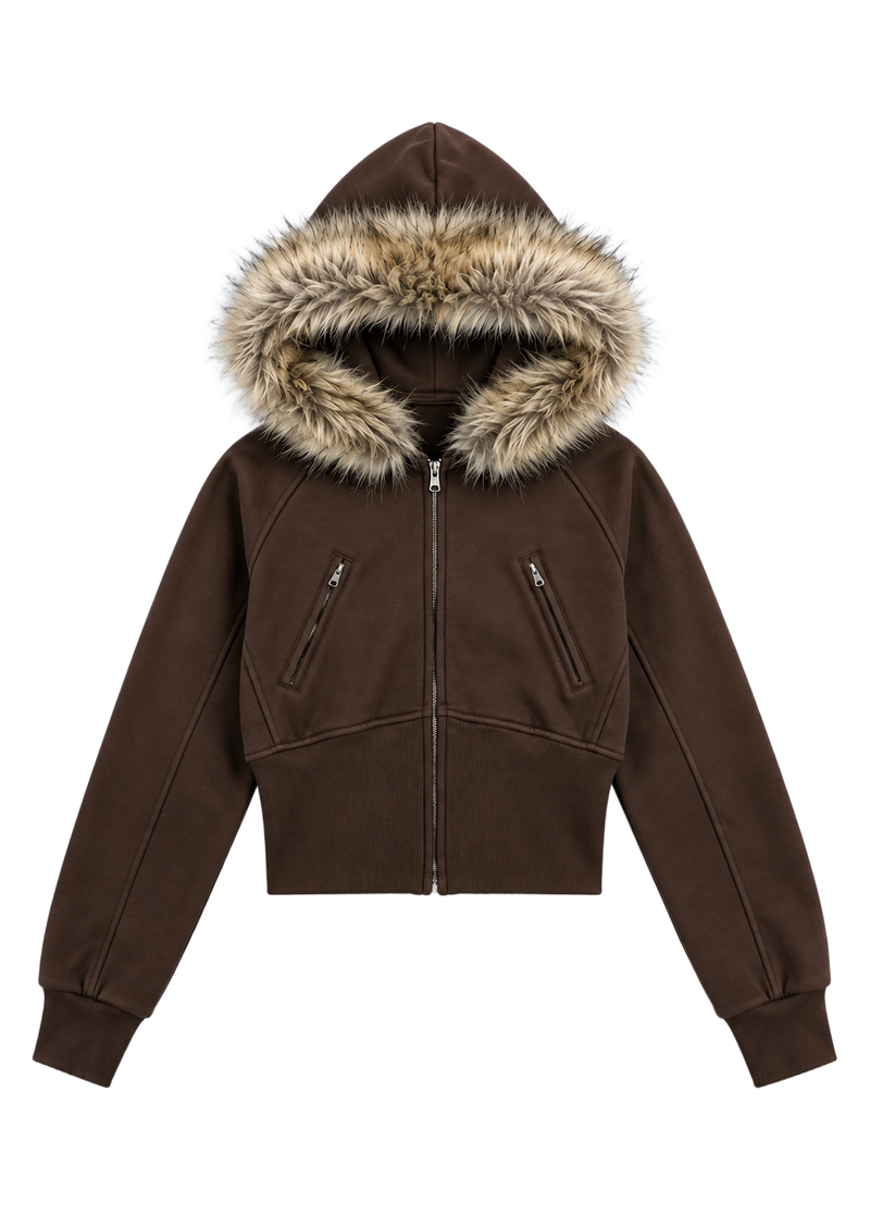 Midnight Frost Cropped Fur Hoodie