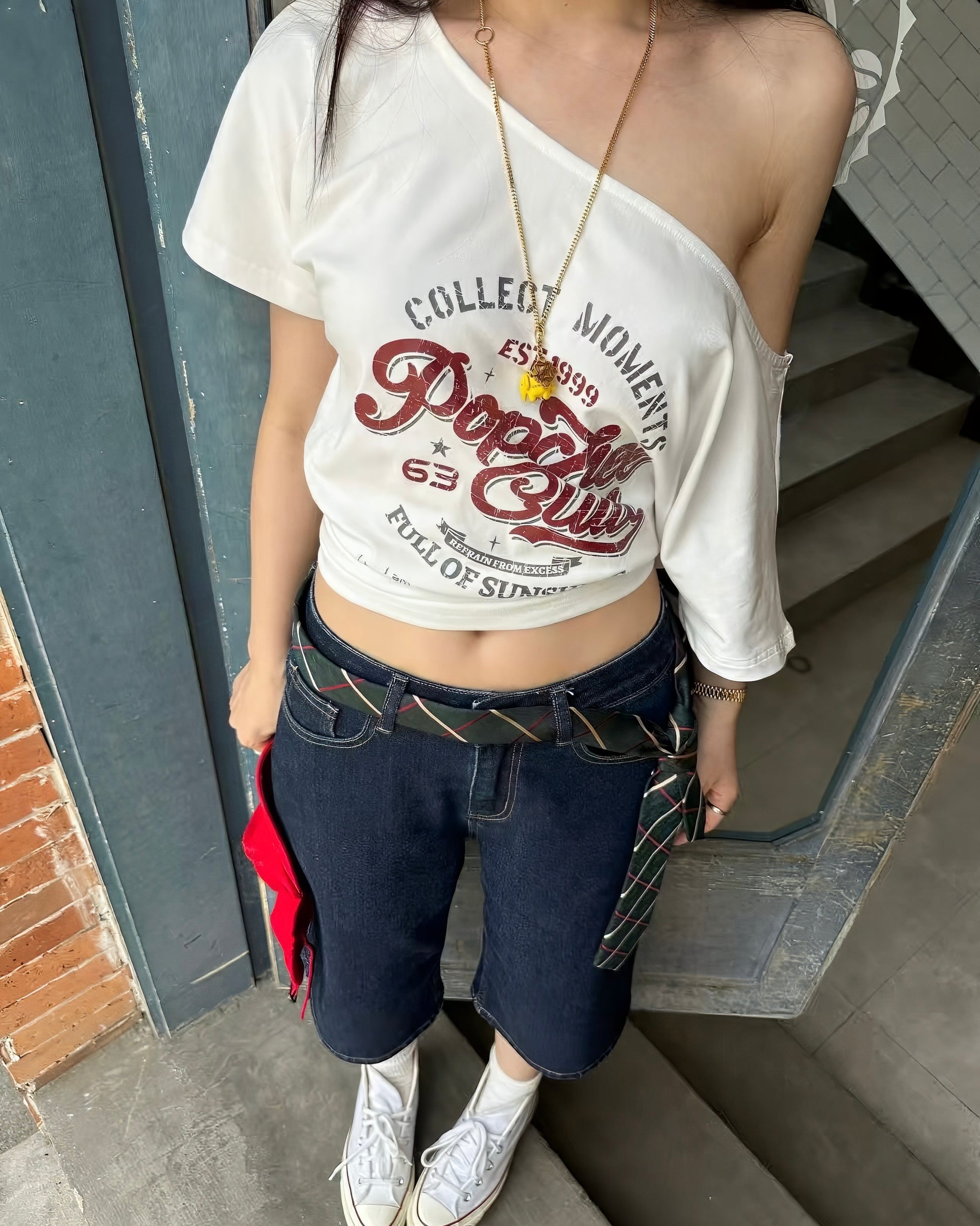 Retro Club Off-Shoulder Tee (White)