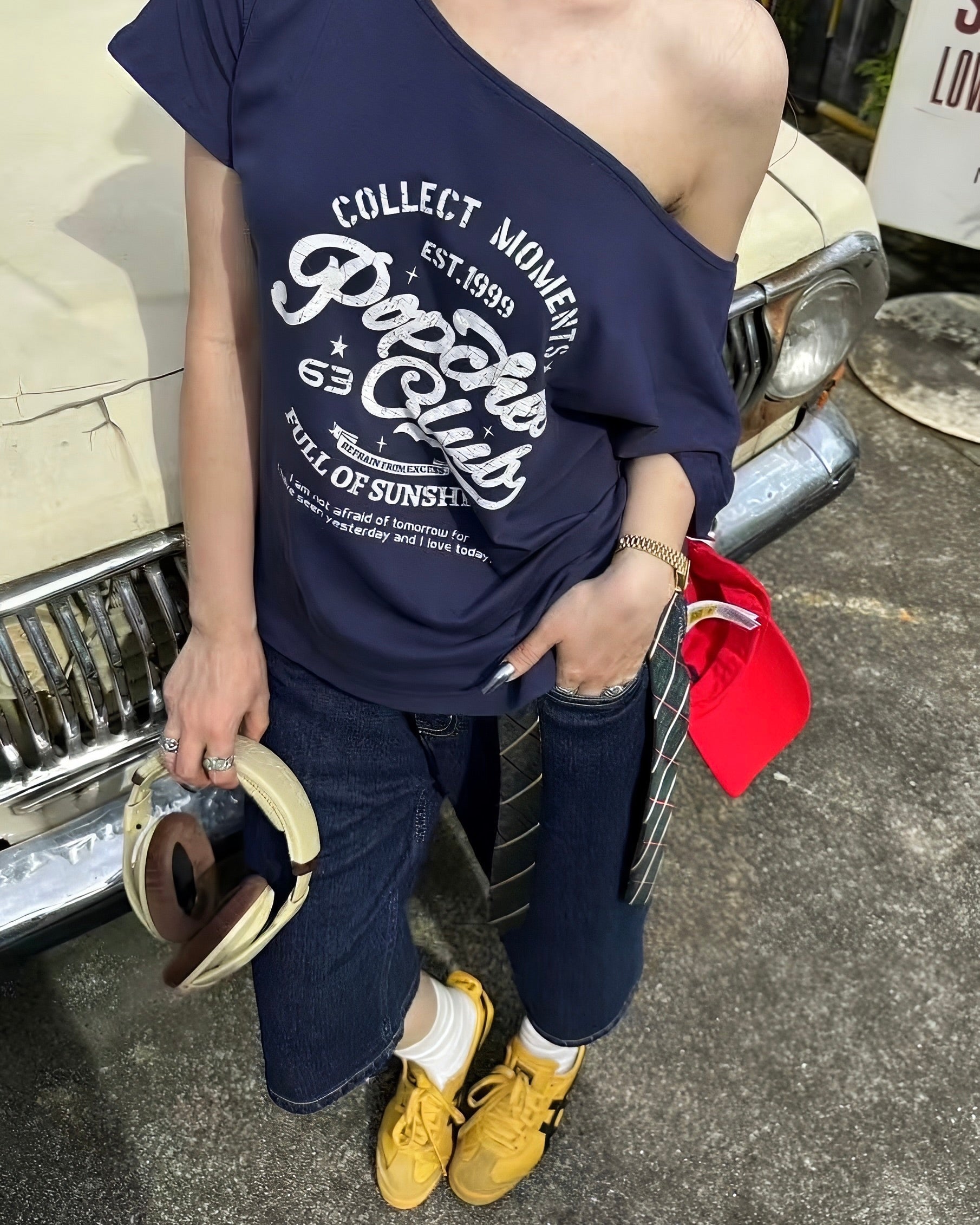 Retro Club Off-Shoulder Tee (Navy)