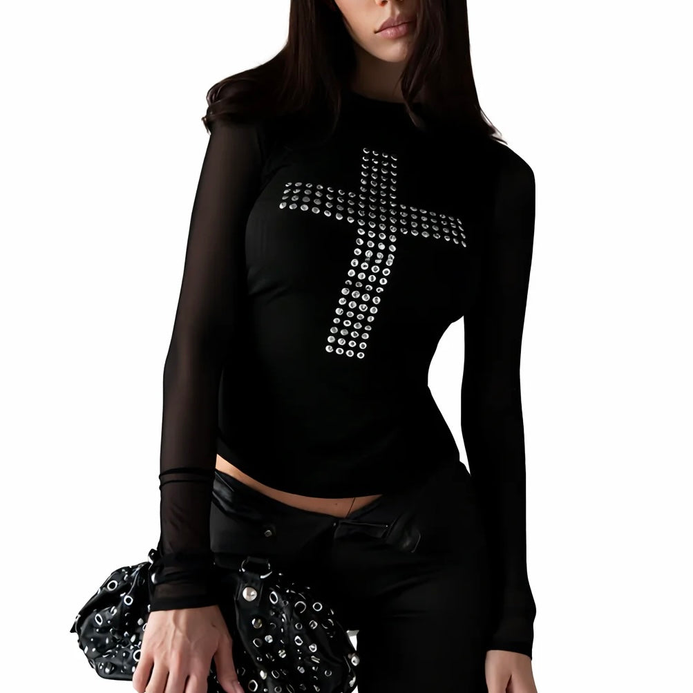 Rhinestone Cross Mesh Top