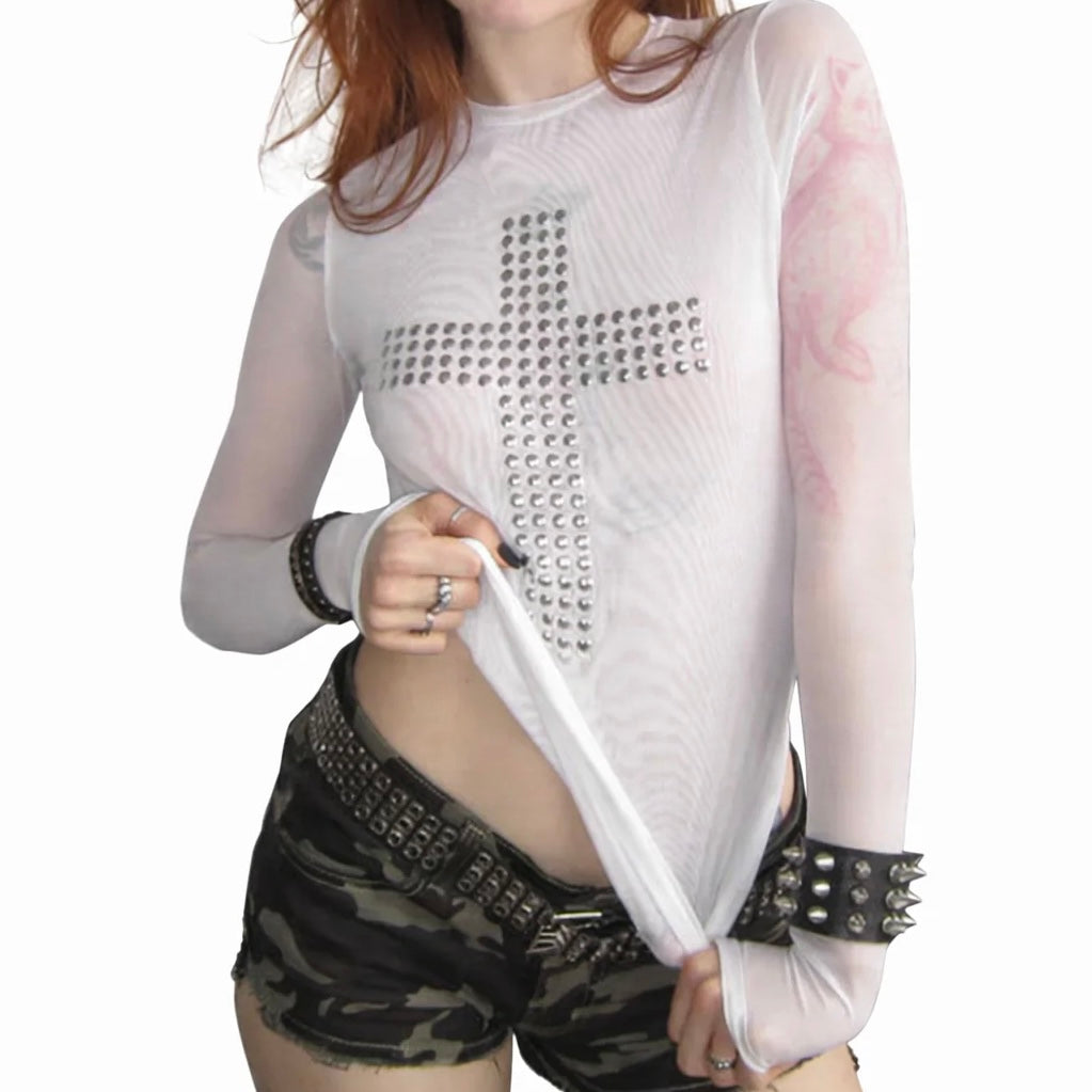 Rhinestone Cross Mesh Top