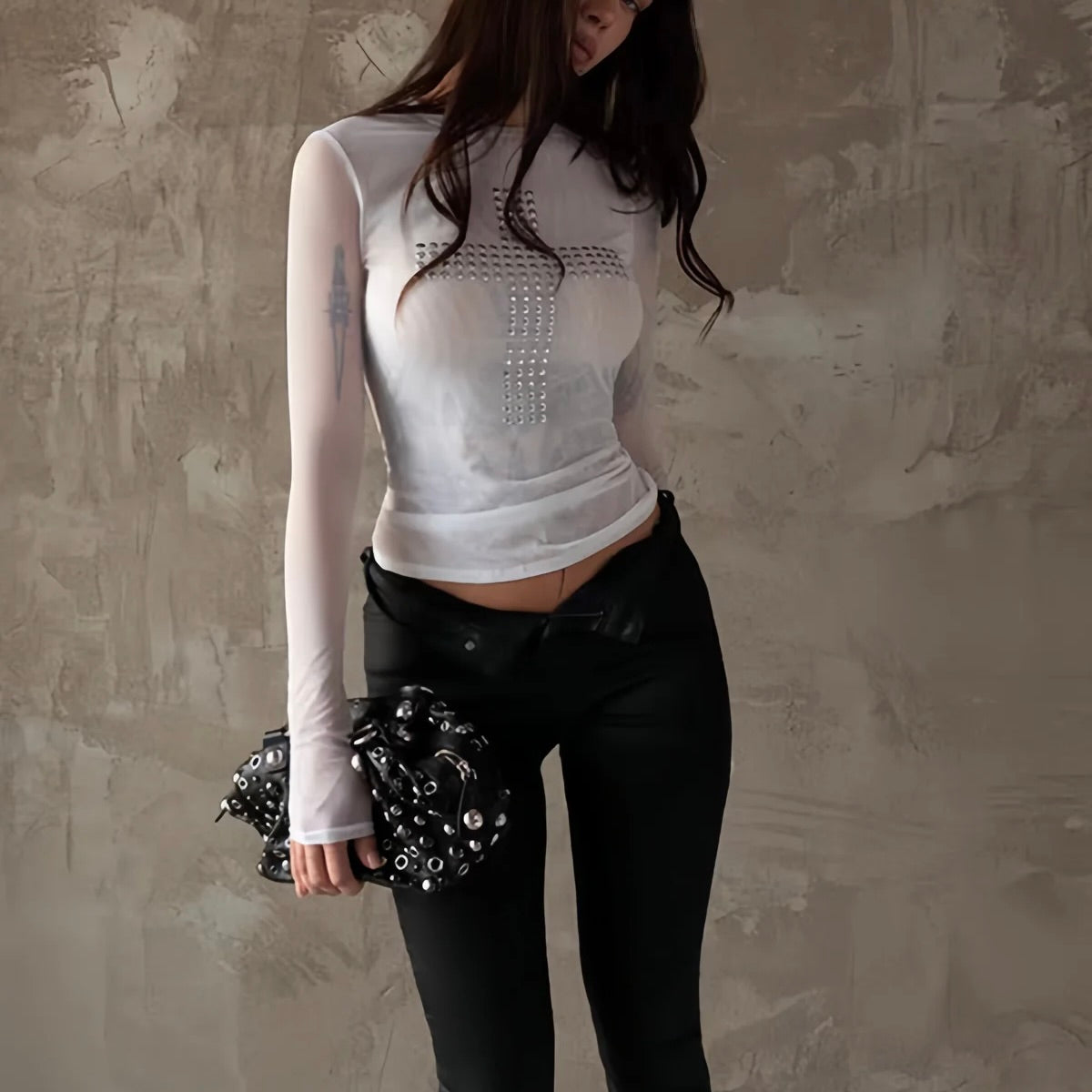 Rhinestone Cross Mesh Top