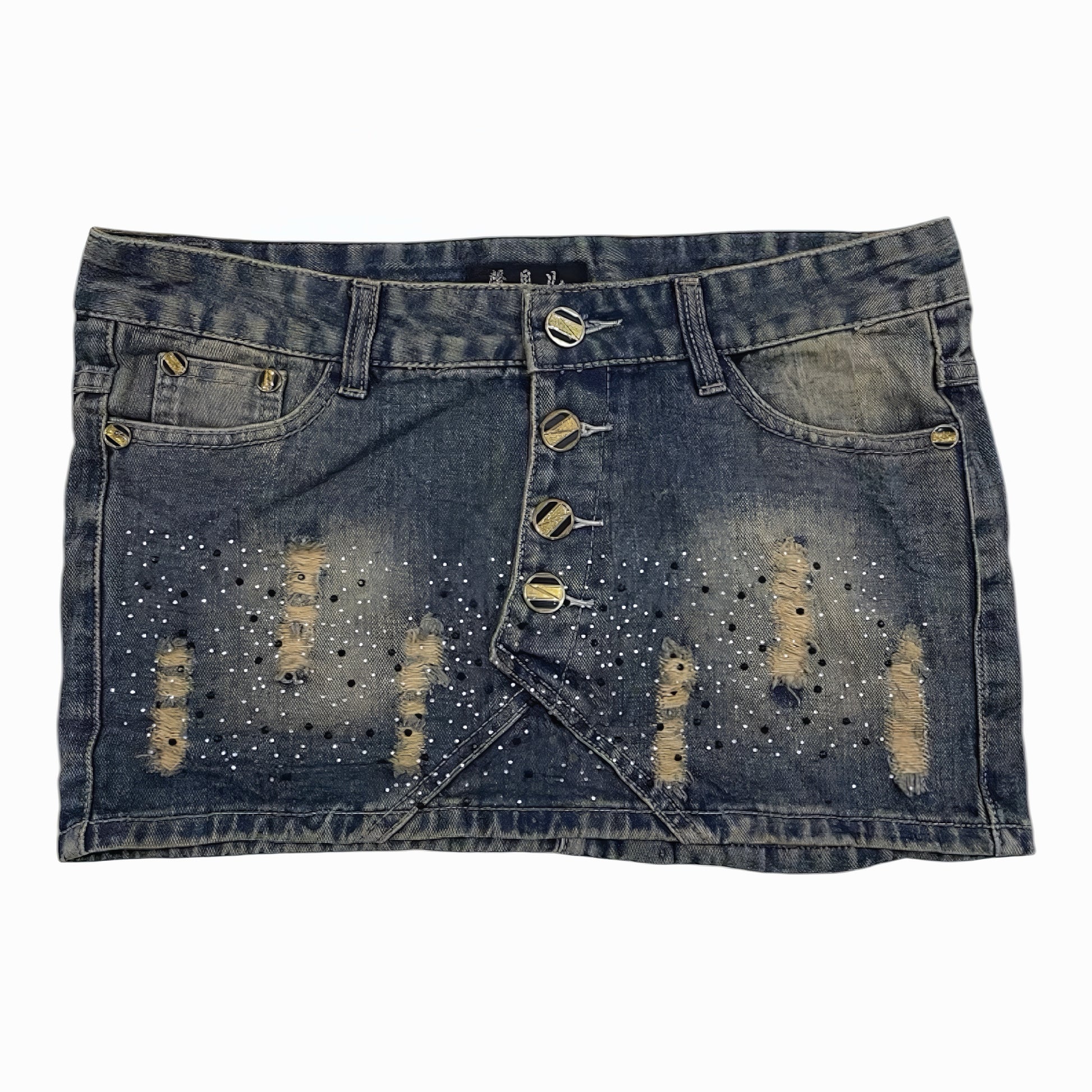 Chaos Stud Distressed Denim Skirt
