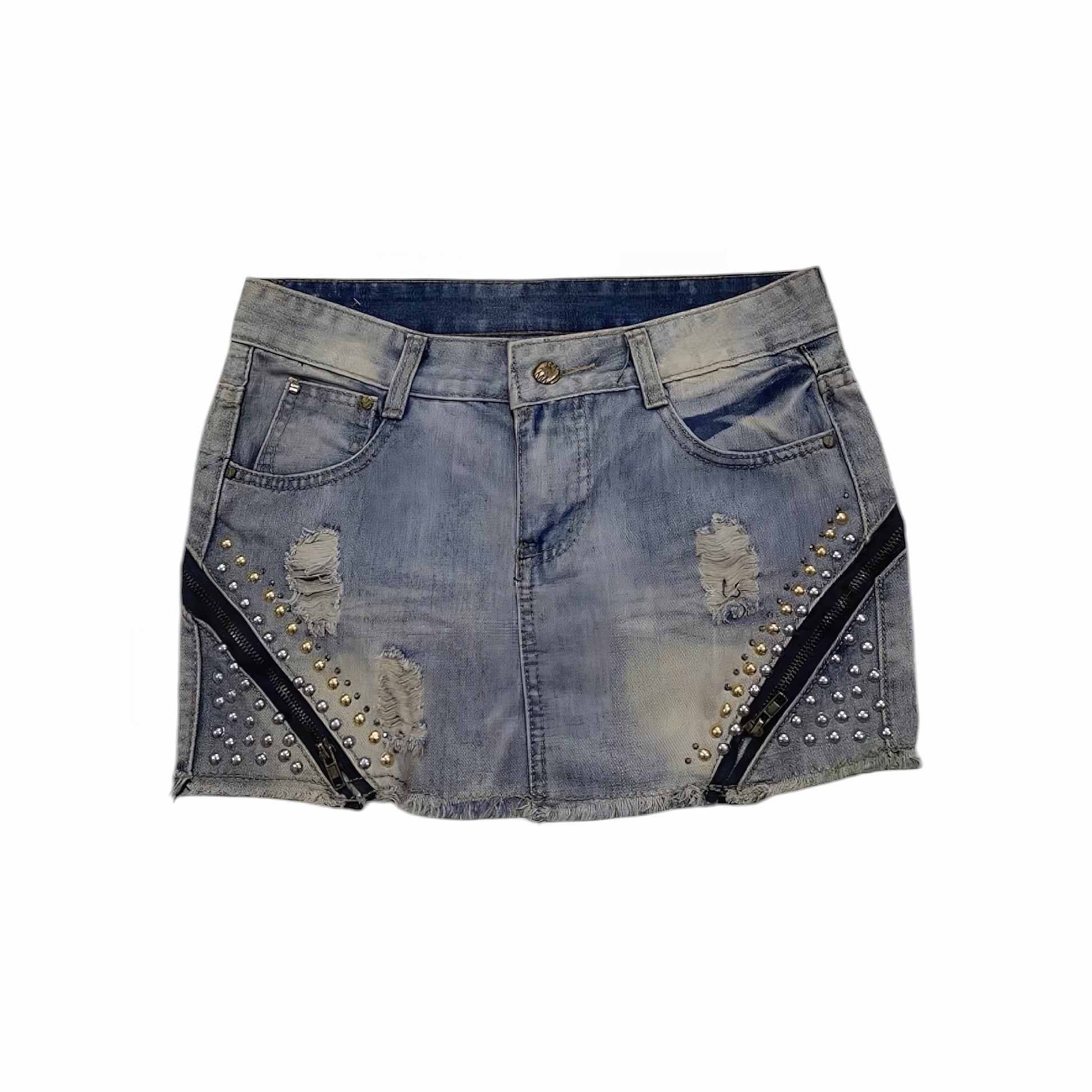 Chrome Zip Studded Denim Skirt