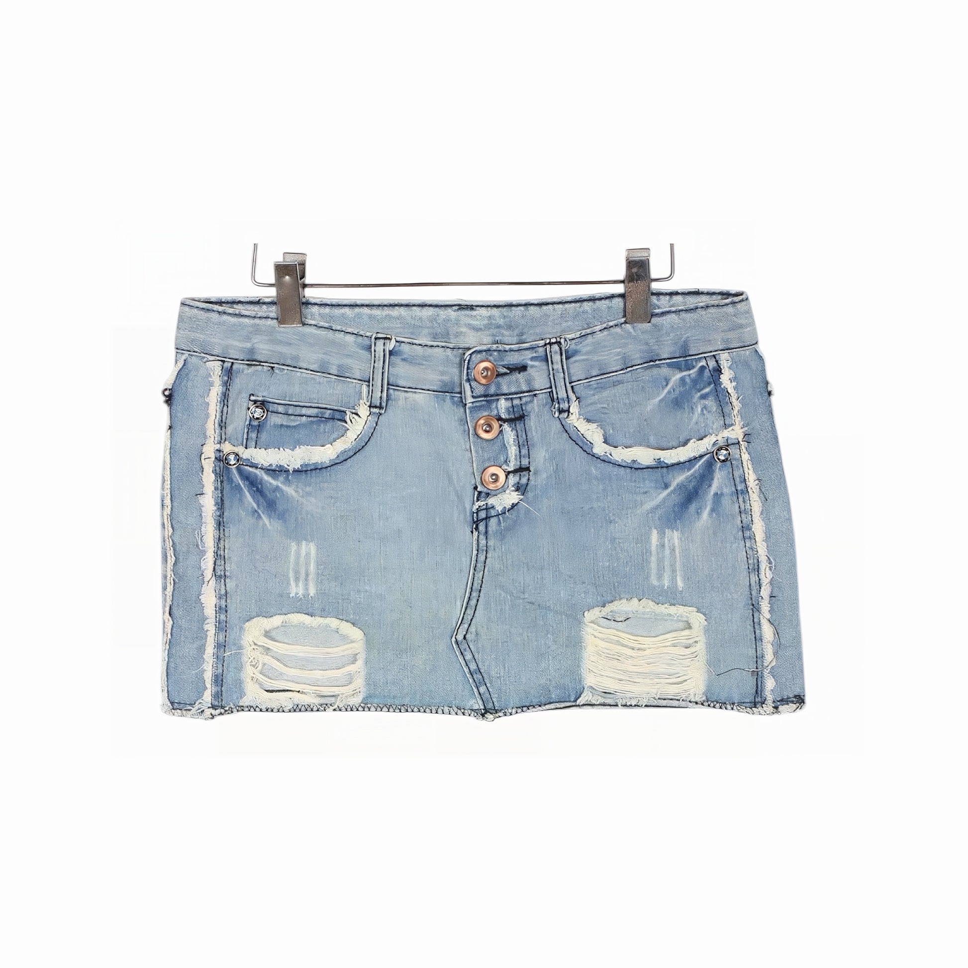 Ice Blue Button Distressed Skirt