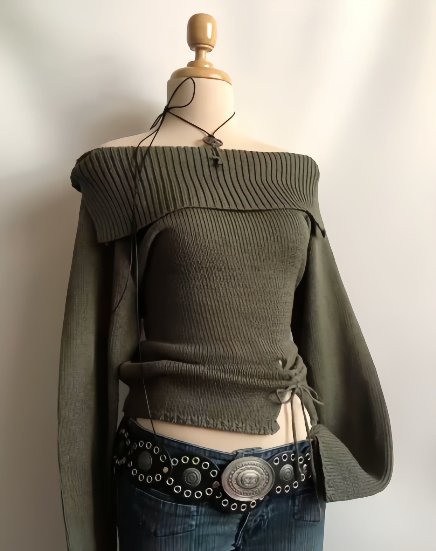 Olive Off-Shoulder Ribbed Tie Top