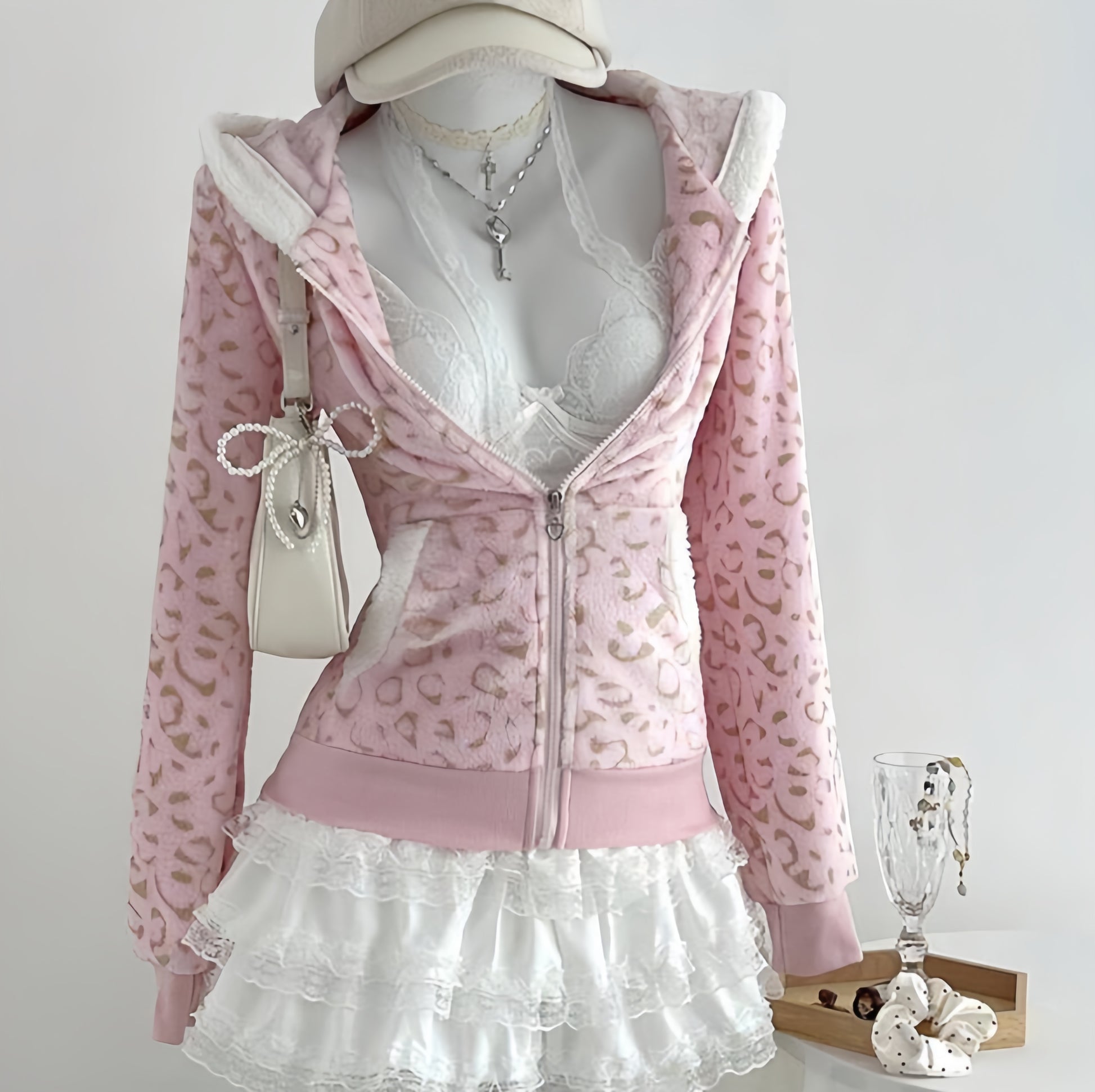 Dollcore Pink/Beige/Black Zip-Up Hoodie