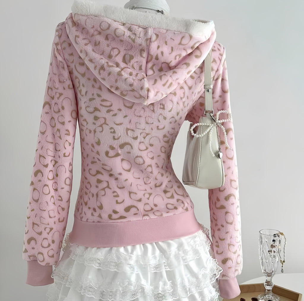 Dollcore Pink/Beige/Black Zip-Up Hoodie