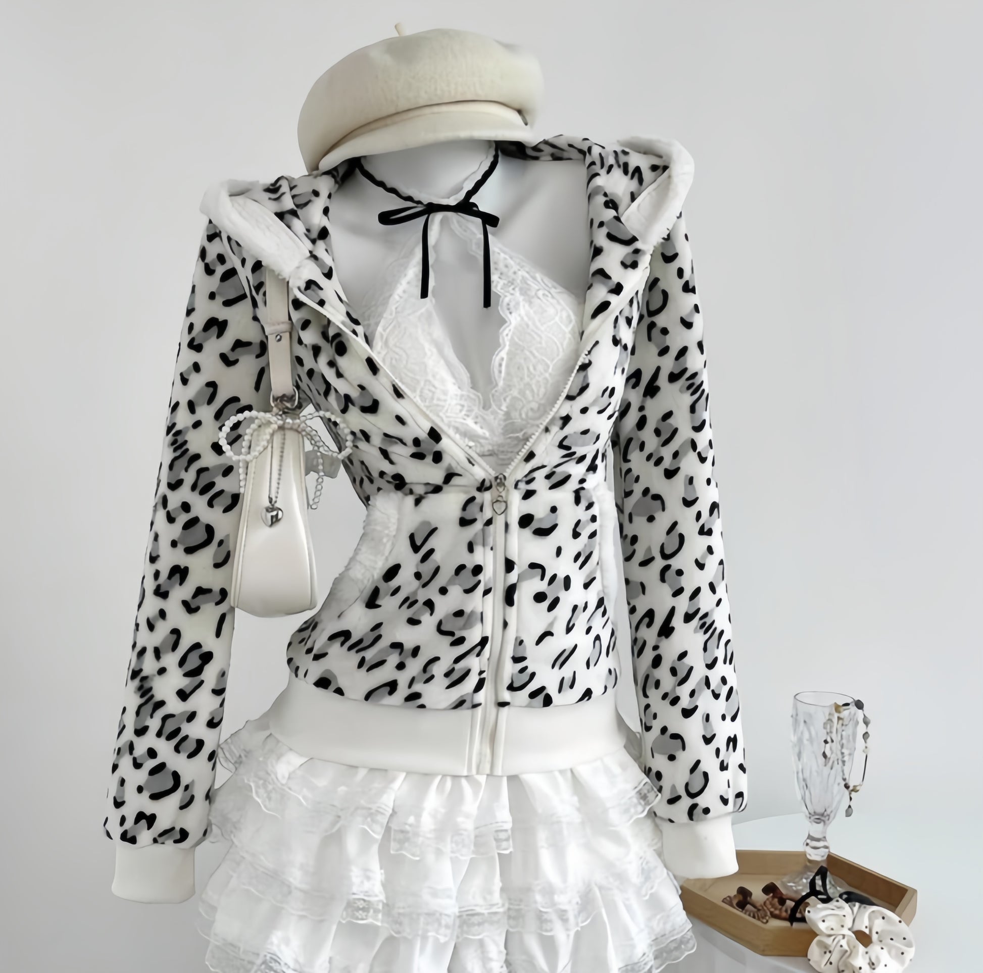 Dollcore Pink/Beige/Black Zip-Up Hoodie