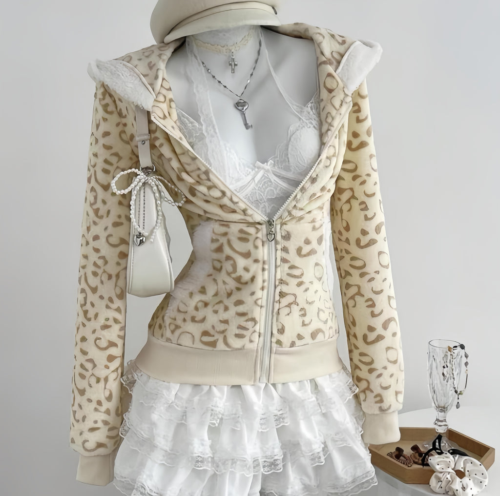 Dollcore Pink/Beige/Black Zip-Up Hoodie