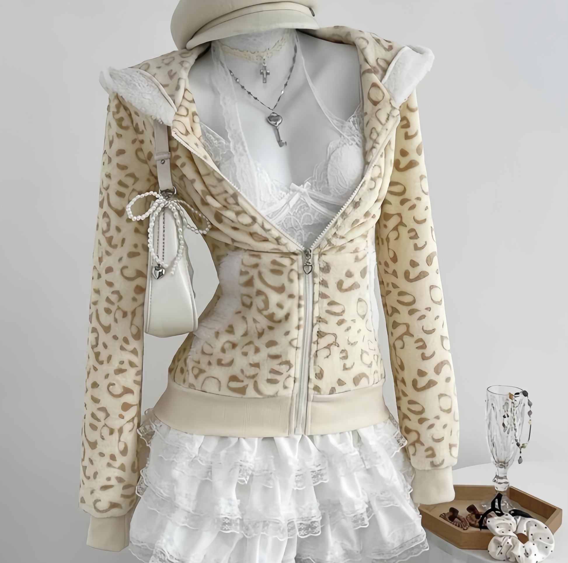 Dollcore Pink/Beige/Black Zip-Up Hoodie