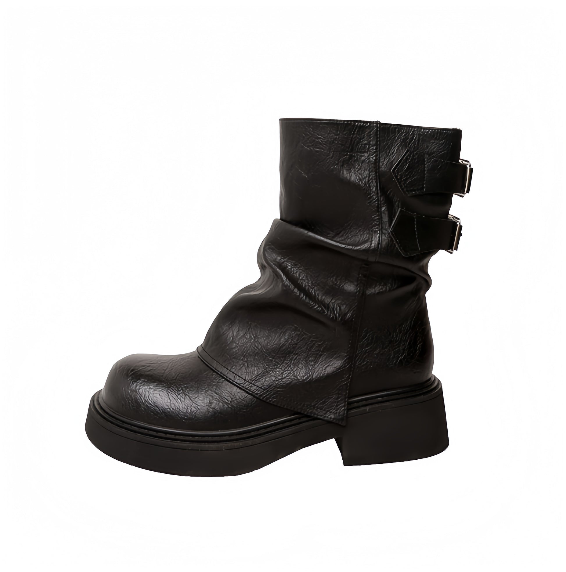 Slouch Buckle Mid-Calf Boots (Black)