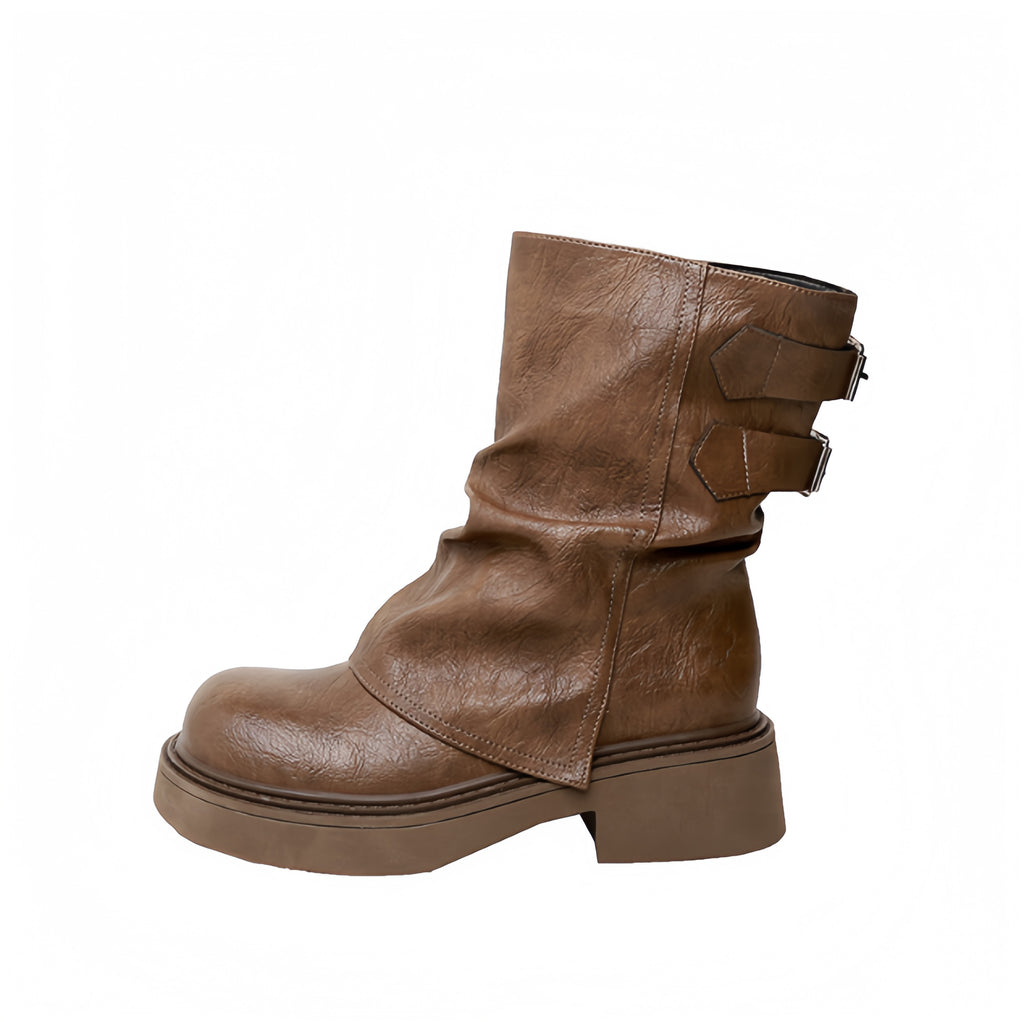Slouch Buckle Mid-Calf Boots (Brown)