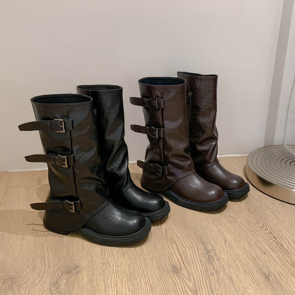 Triple Buckle Knee-High Boots (Brown)