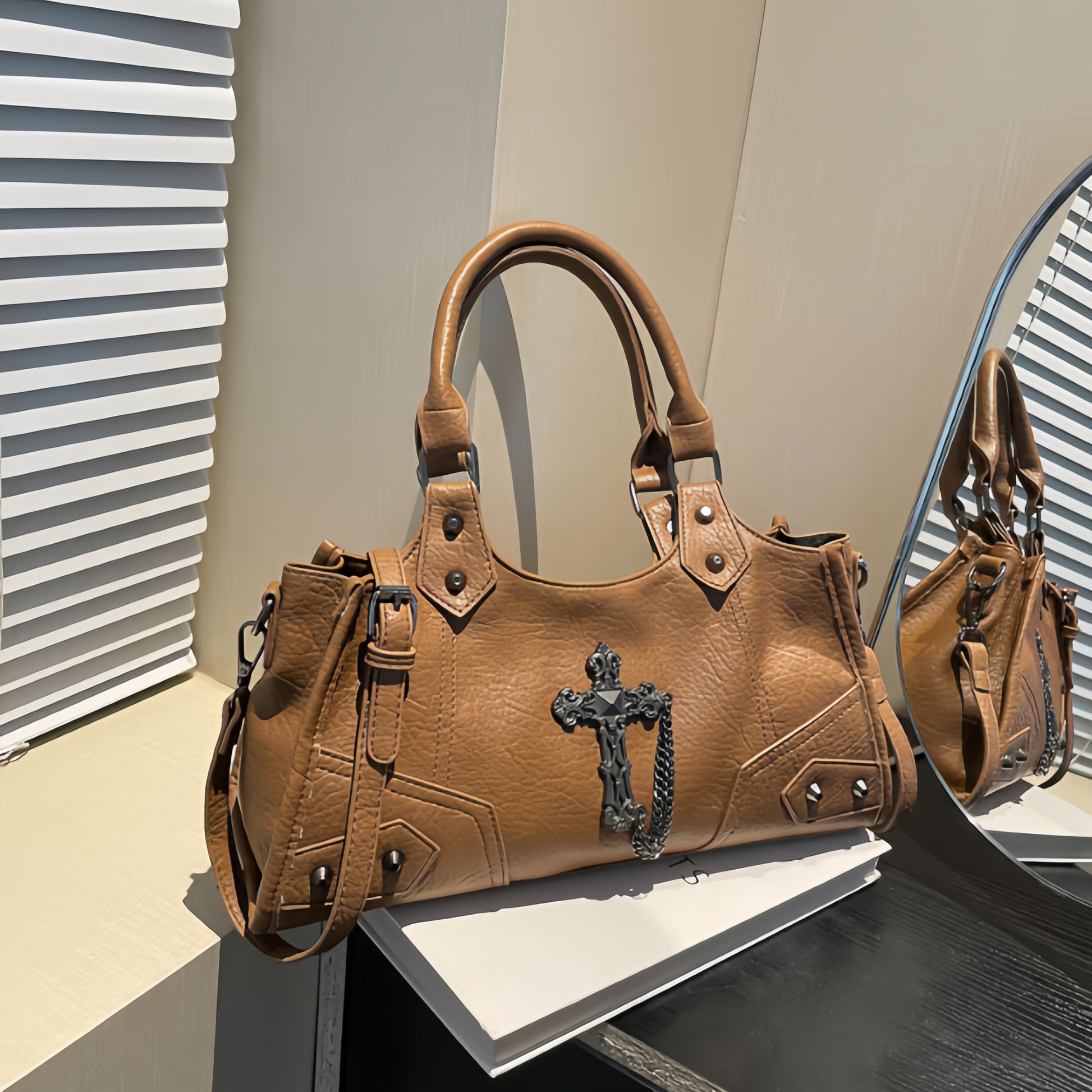 Cross Charm Shoulder Bag (Brown)