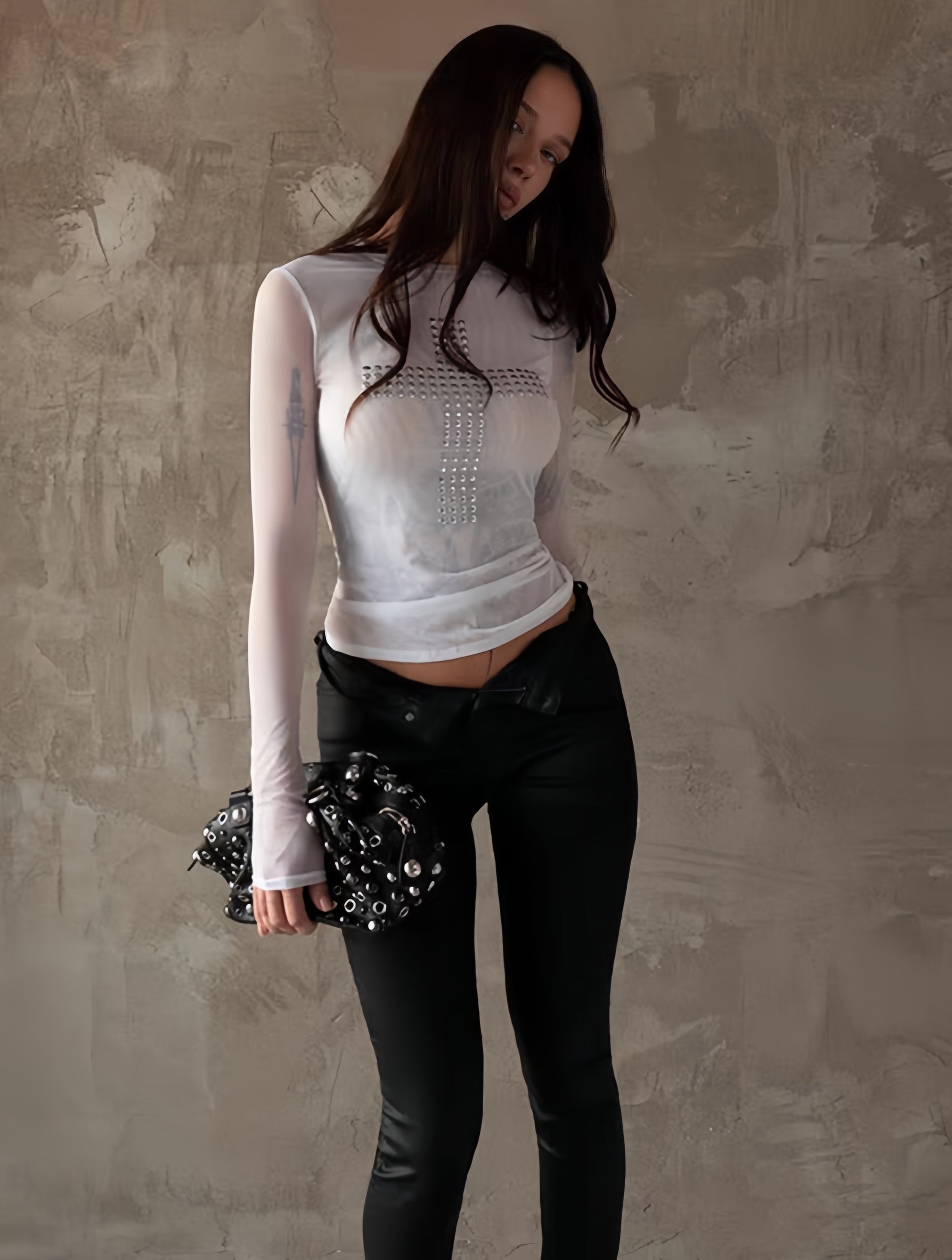 Rhinestone Cross Mesh Top