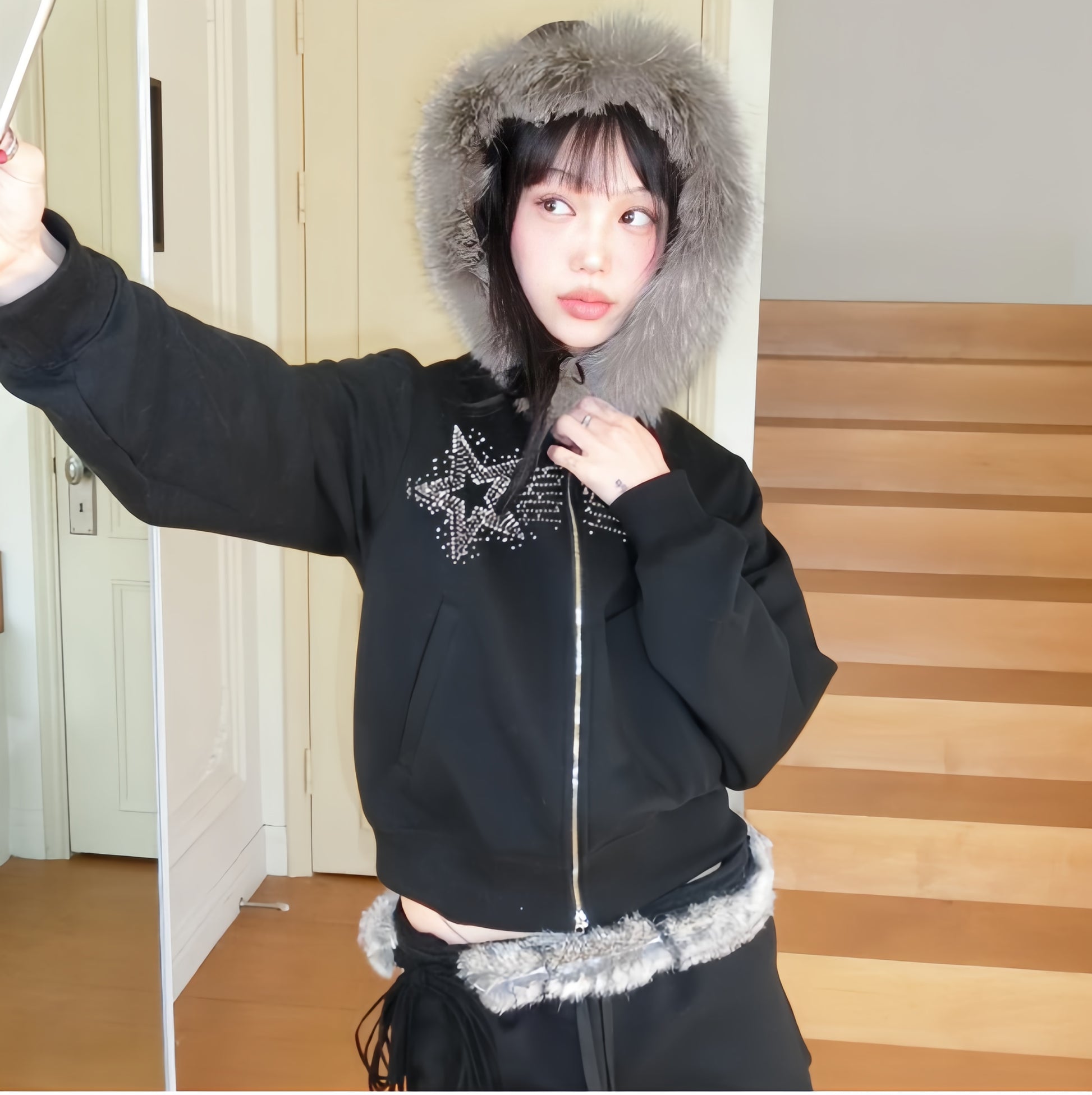 Black Starlight Zip Fur Hoodie