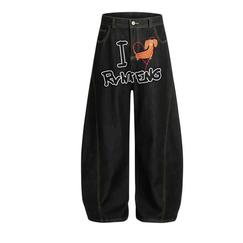 Black Embroidered Wide Leg Denim