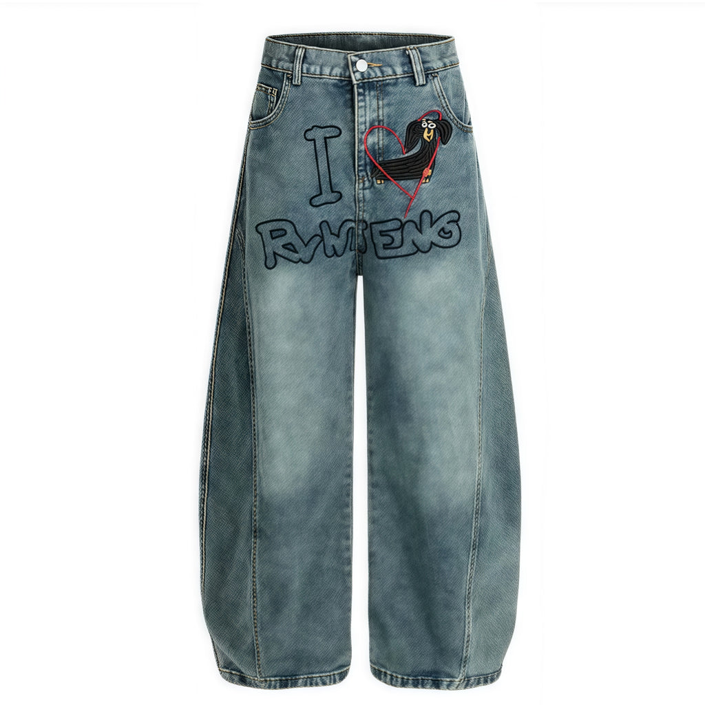 Vintage Wash Embroidered Baggy Jeans