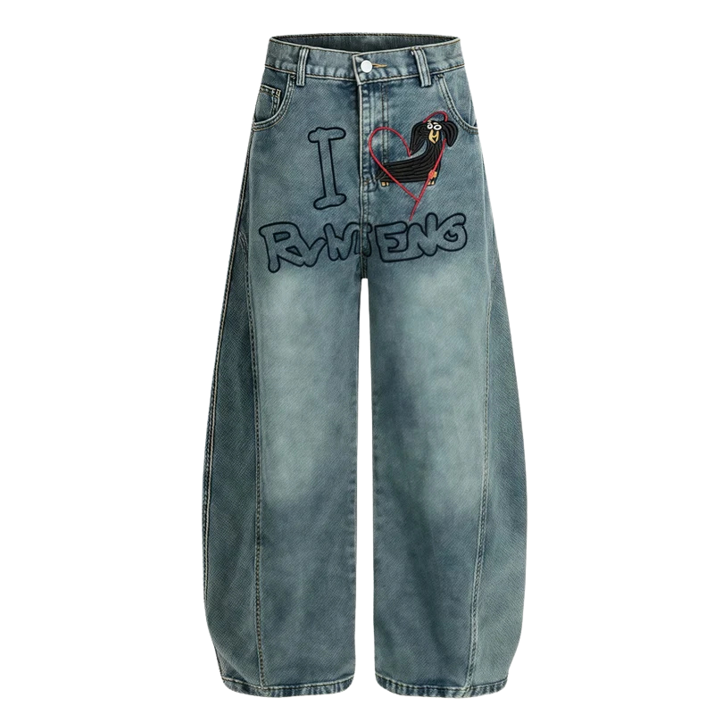 Vintage Wash Embroidered Baggy Jeans