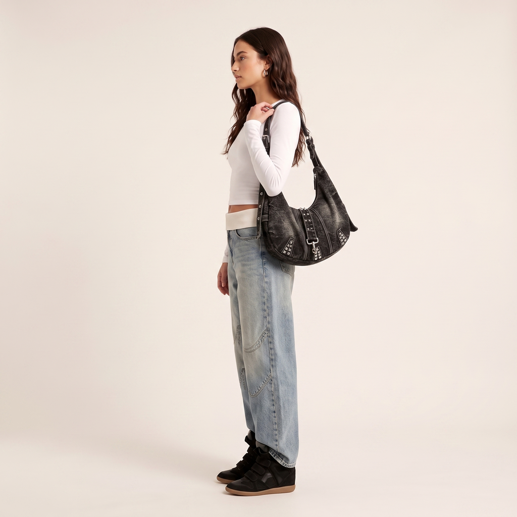 Studded Denim Shoulder Bag