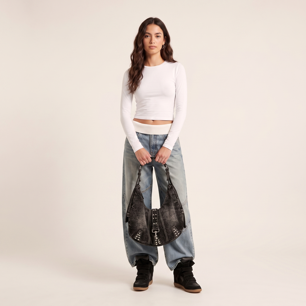 Studded Denim Shoulder Bag