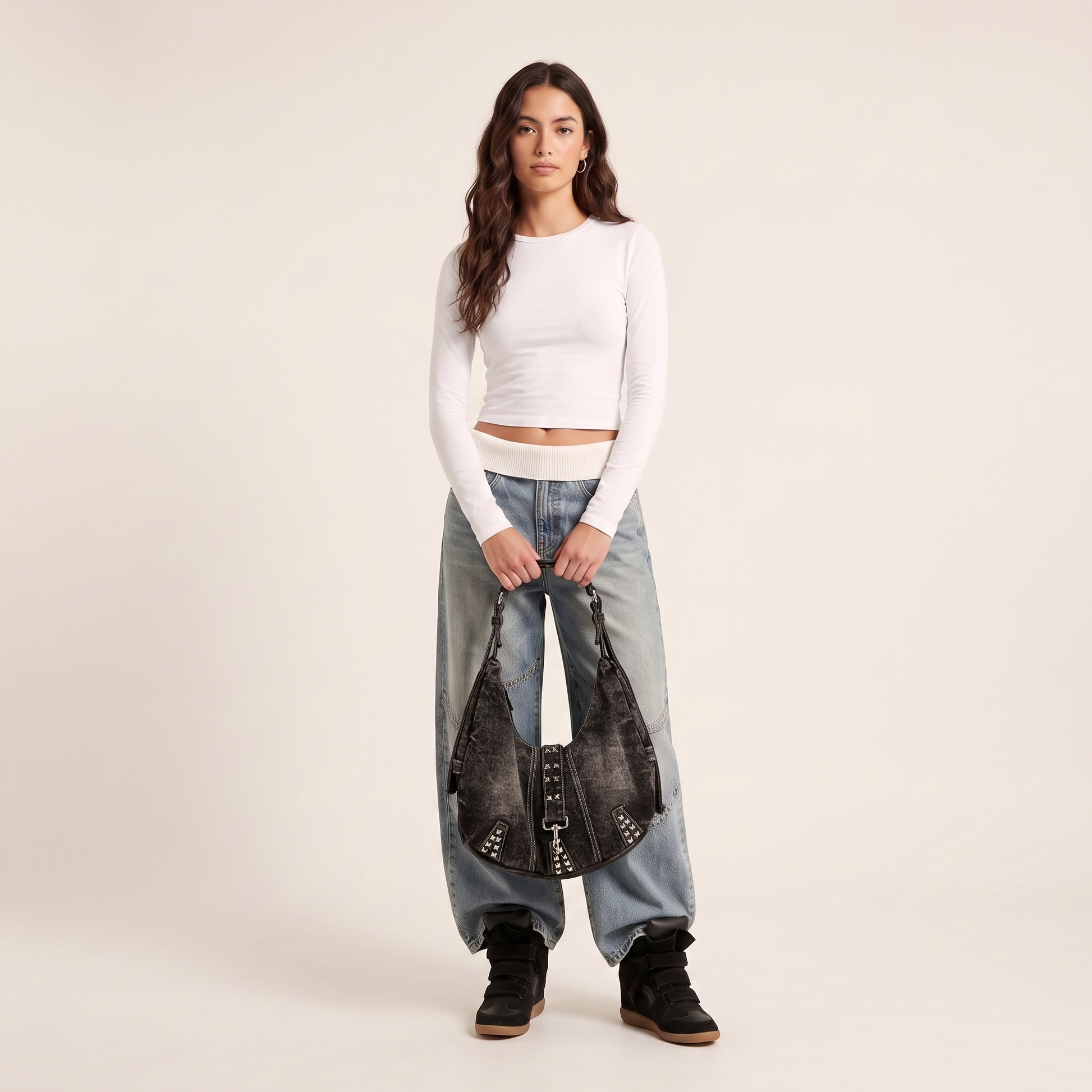 Studded Denim Shoulder Bag
