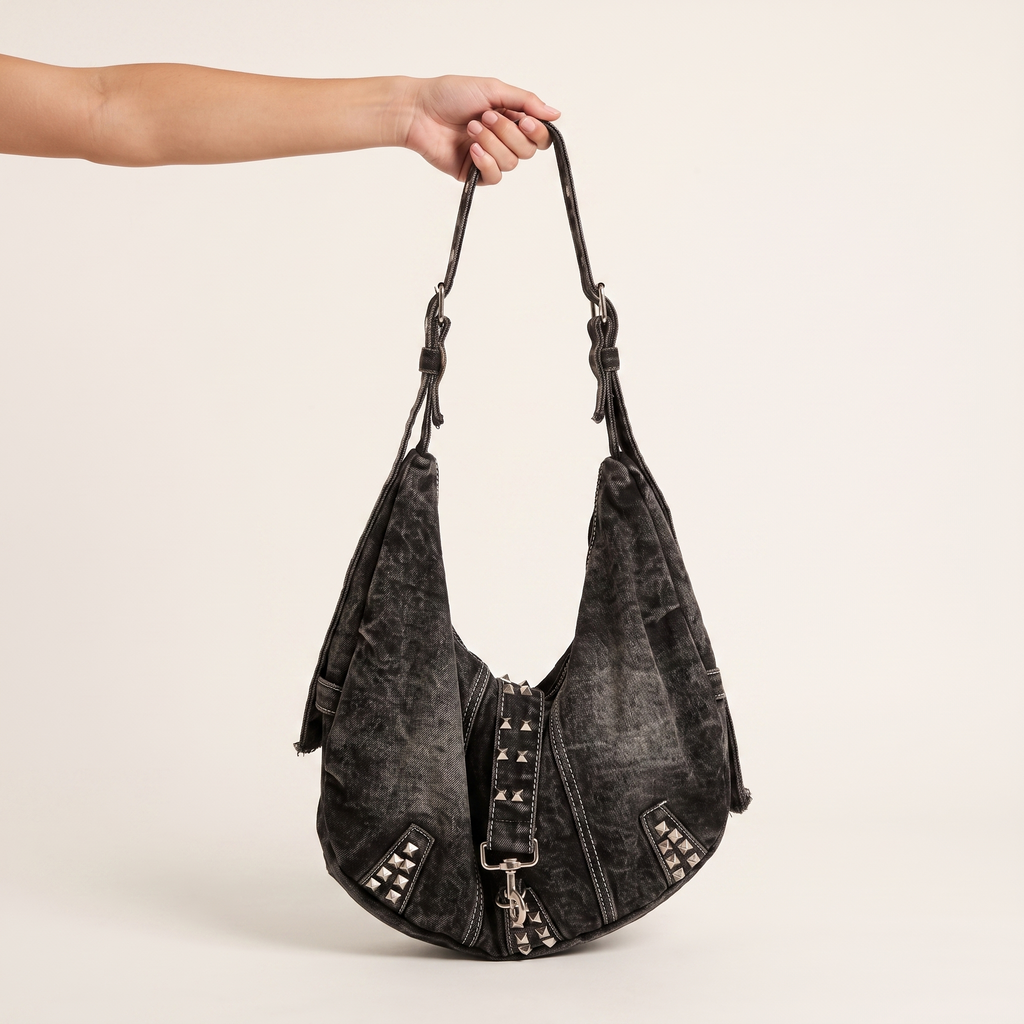 Studded Denim Shoulder Bag