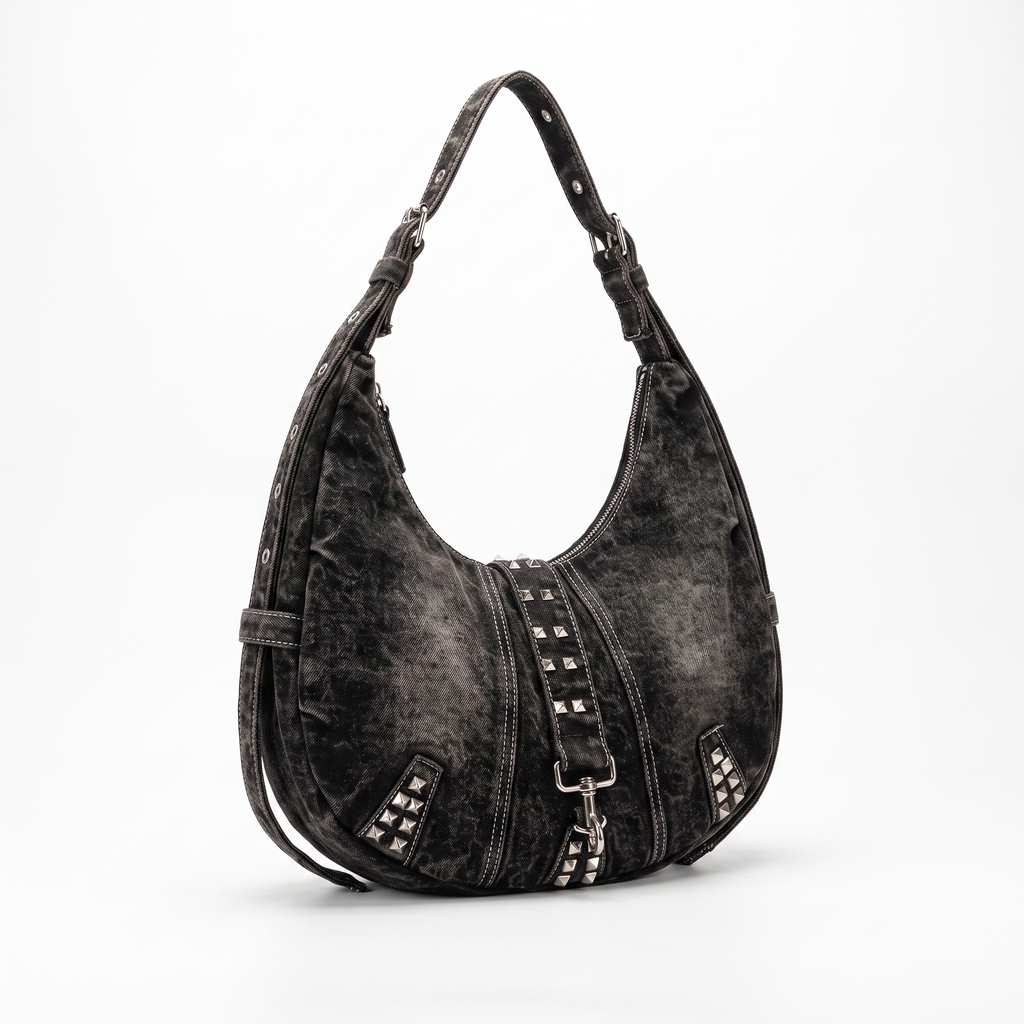 Studded Denim Shoulder Bag