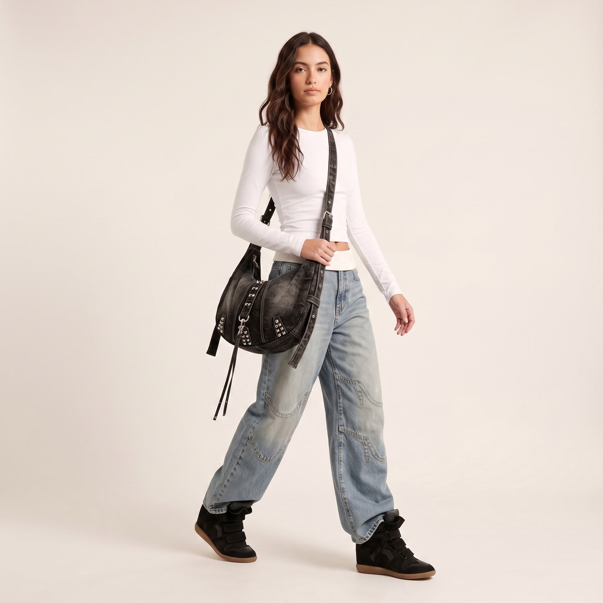 Studded Denim Shoulder Bag
