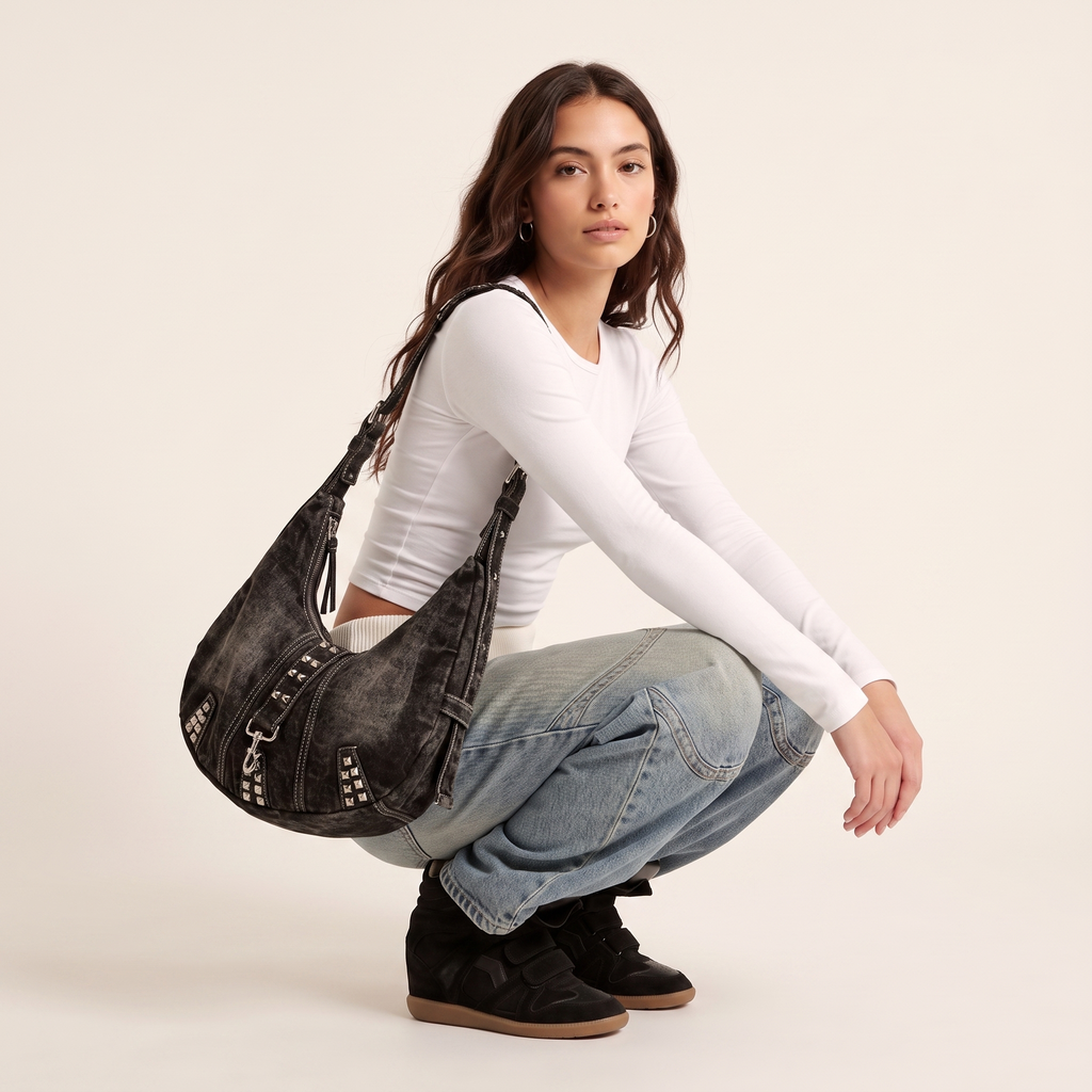 Studded Denim Shoulder Bag