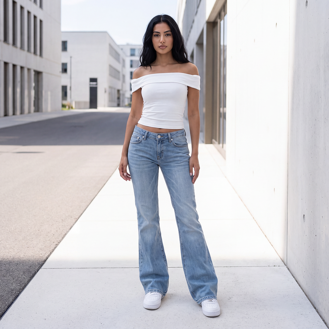Low-Rise Washed Flare Jeans