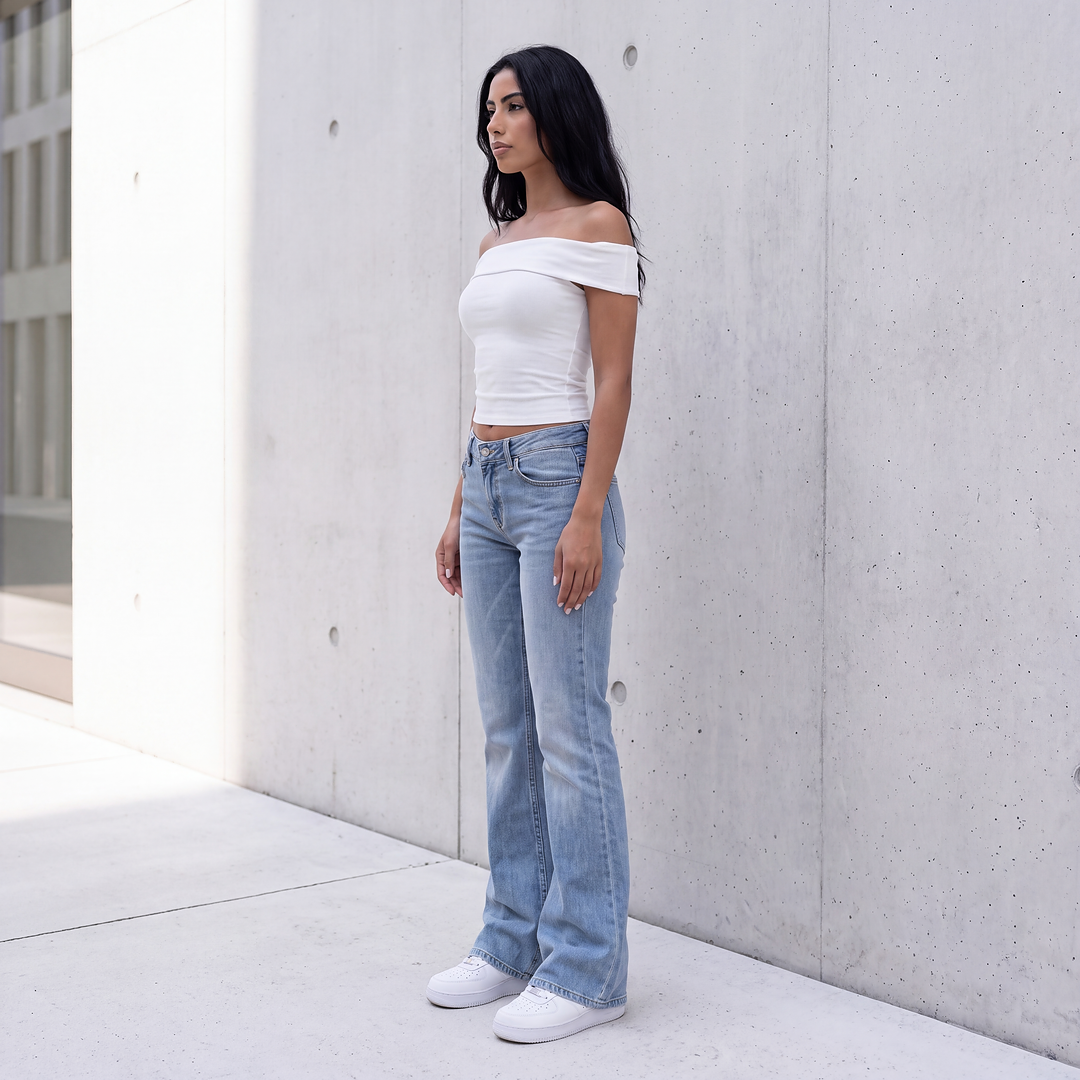 Low-Rise Washed Flare Jeans