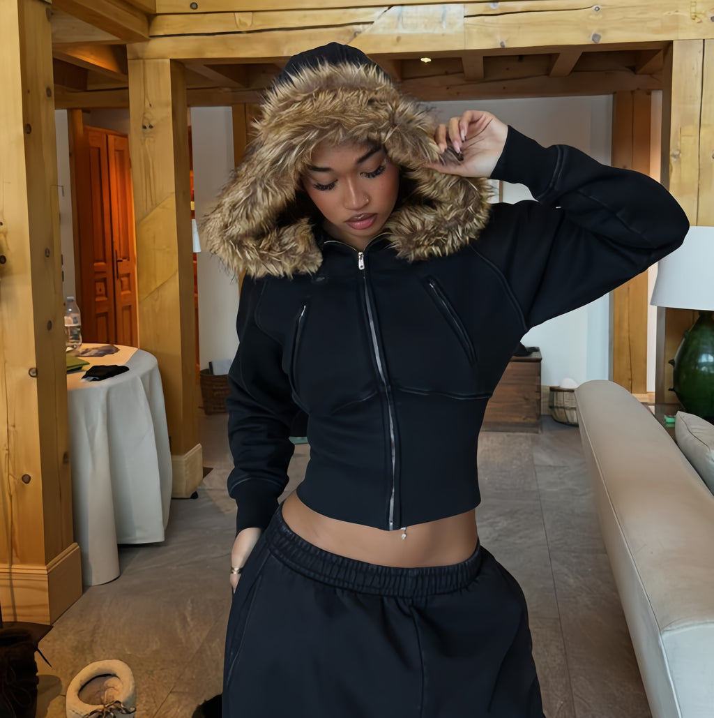 Midnight Frost Cropped Fur Hoodie