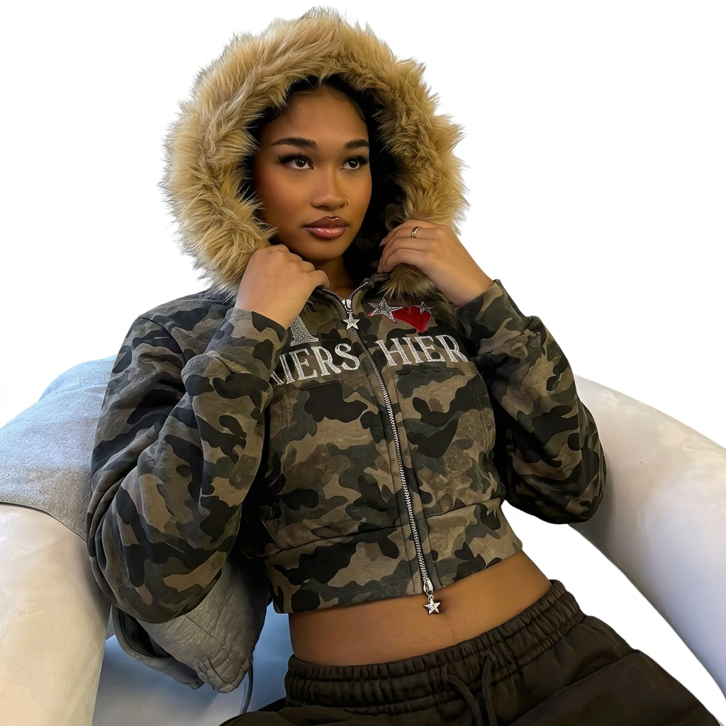 Camo Star Fur-Trim Zip Hoodie