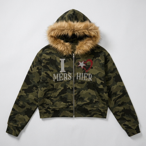 Camo Star Fur-Trim Zip Hoodie